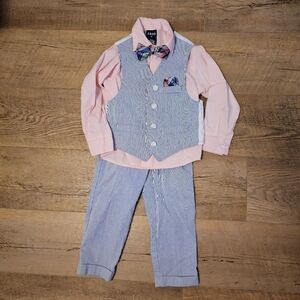 Izod Pink Shirt with Blue Seersucker Vest & Pants 4-piece Matching Set